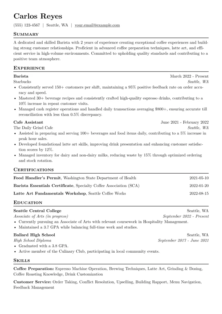 Barista Resume Example CV template preview