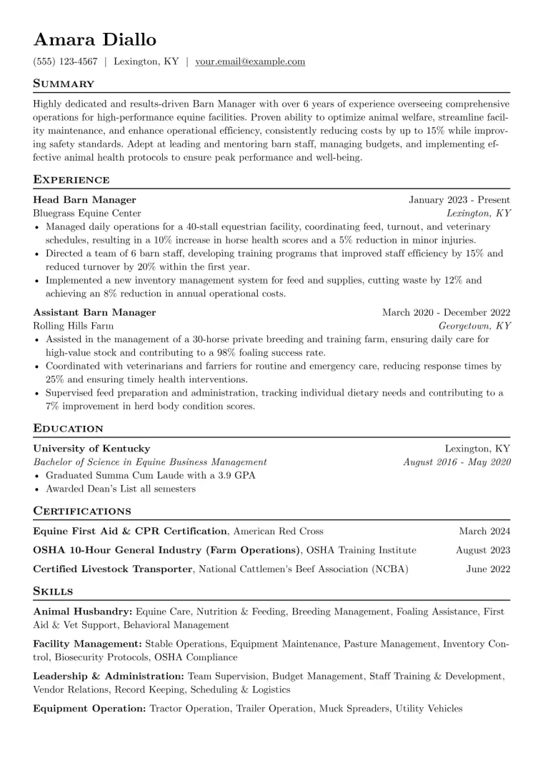Barn Manager Resume Example preview
