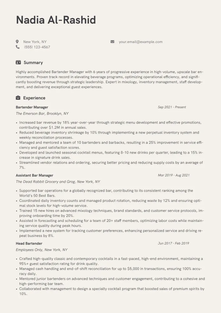 Bartender Manager Resume Example CV template preview