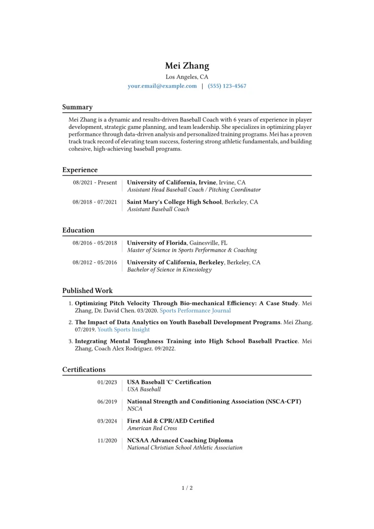 Baseball Coach Resume Example CV template preview