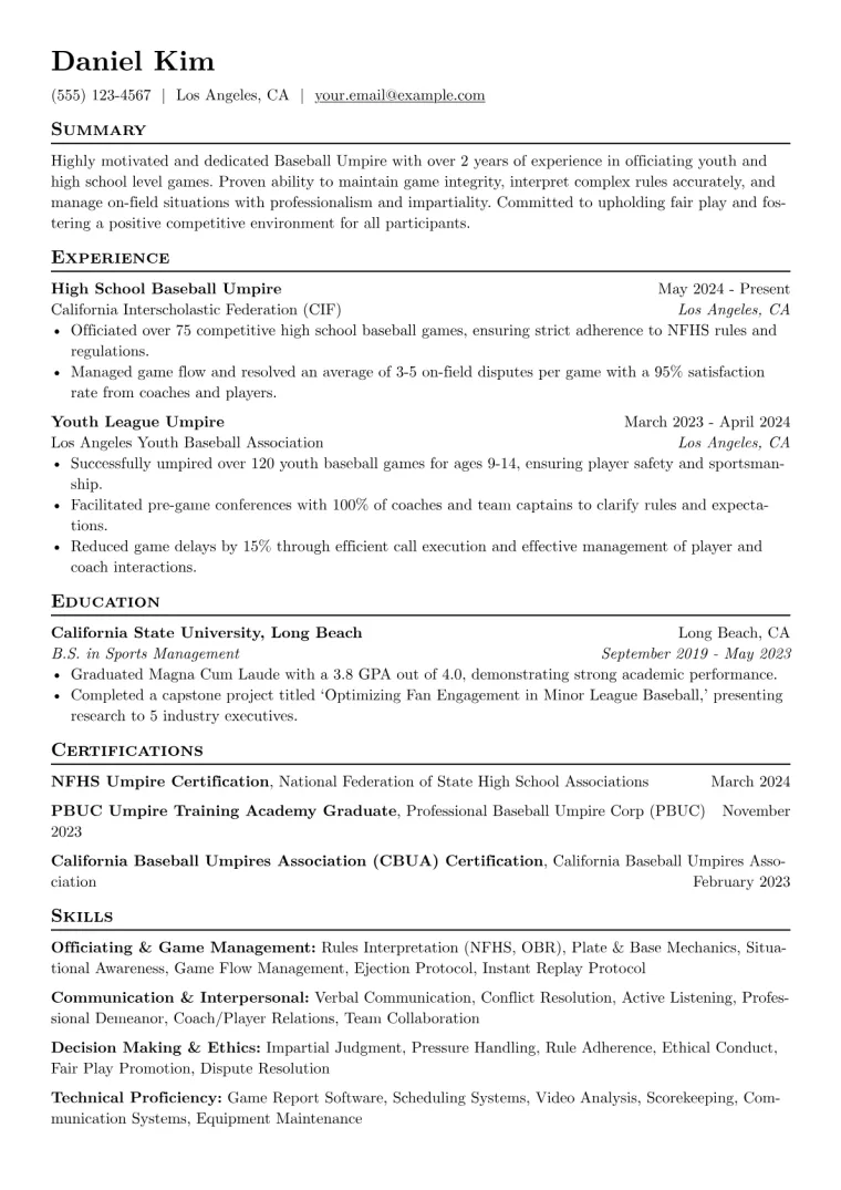 Baseball Umpire Resume Example CV template preview