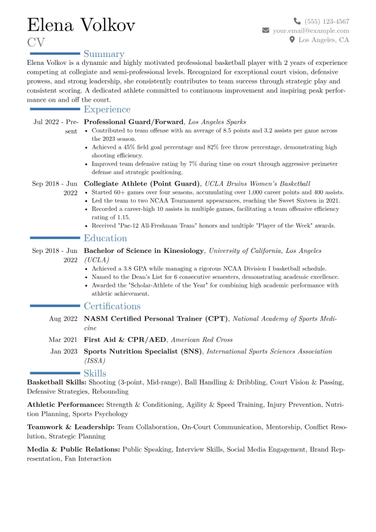Basketball Player Resume Example CV template preview