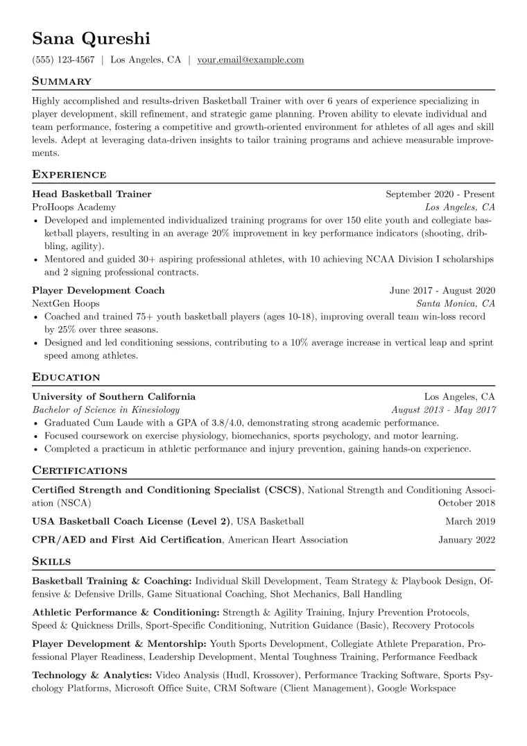 Basketball Trainer Resume Example CV template preview