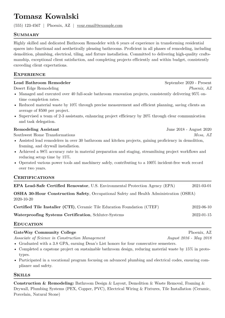 Bathroom Remodeler Resume Example CV template preview