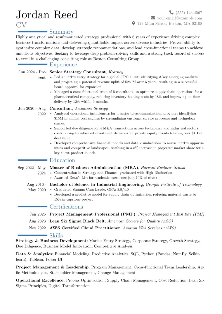 BCG Resume Example CV template preview