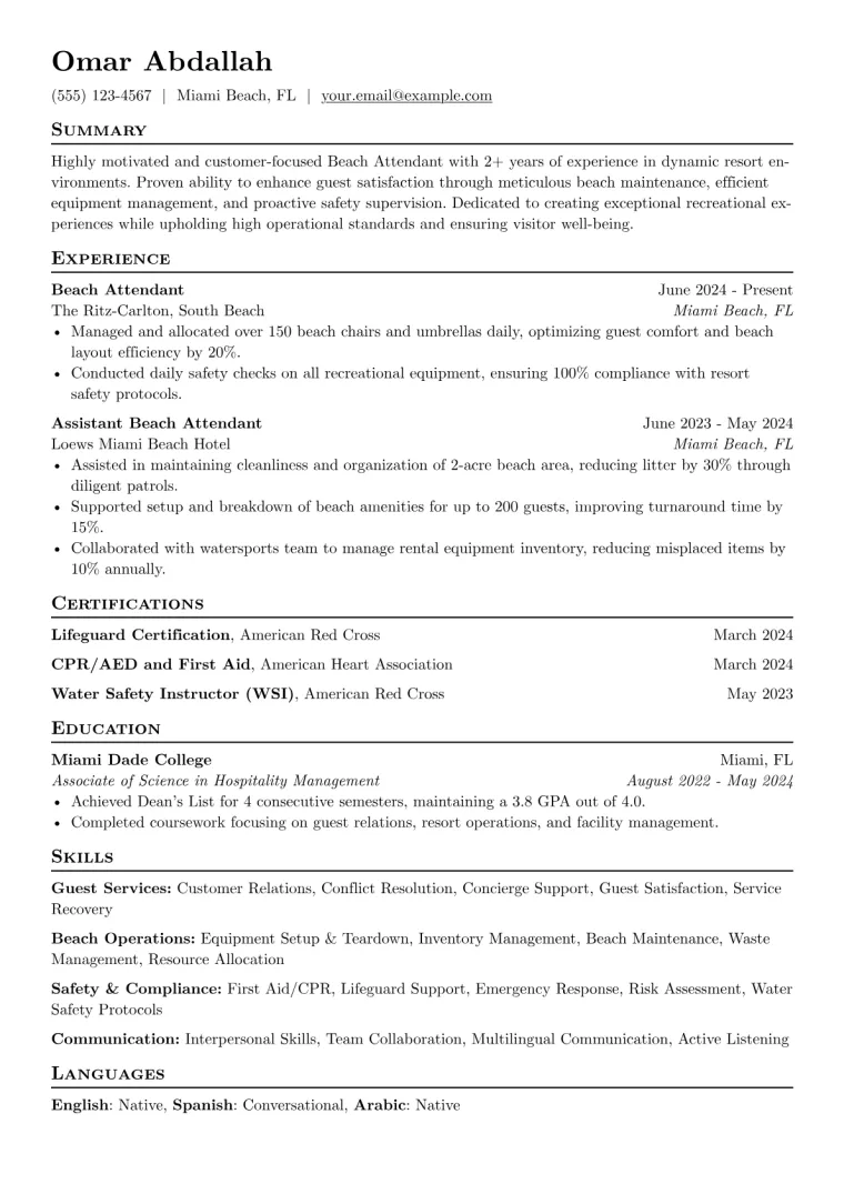 Beach Attendant Resume Example preview