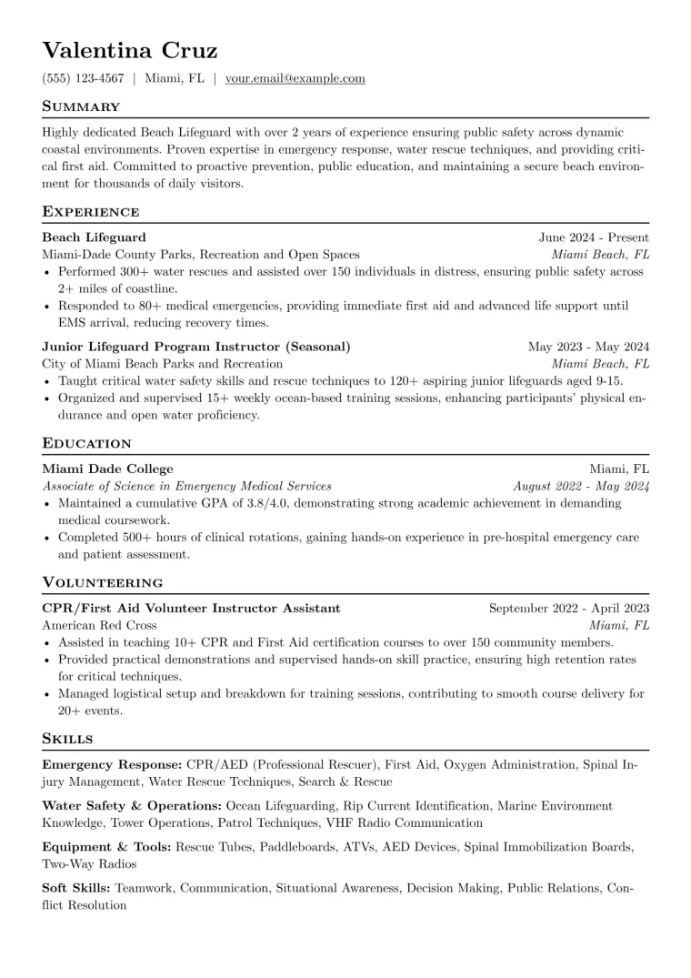 Beach Lifeguard Resume Example preview