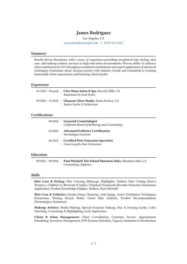 Beautician Resume Example CV template preview