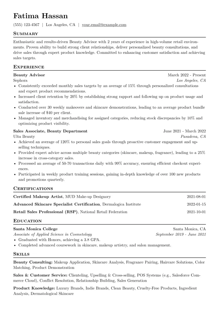 Beauty Advisor Resume Example CV template preview