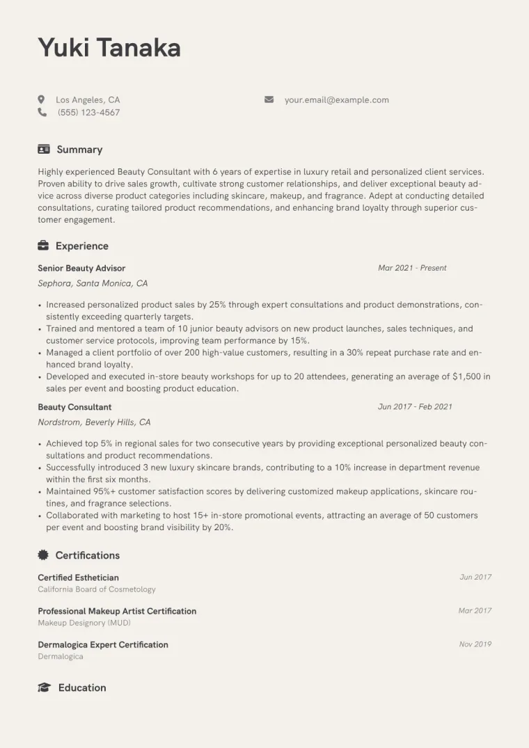 Beauty Consultant Resume Example CV template preview
