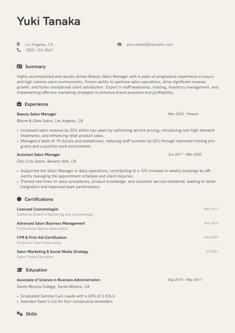Beauty Salon Manager Resume Example CV template preview