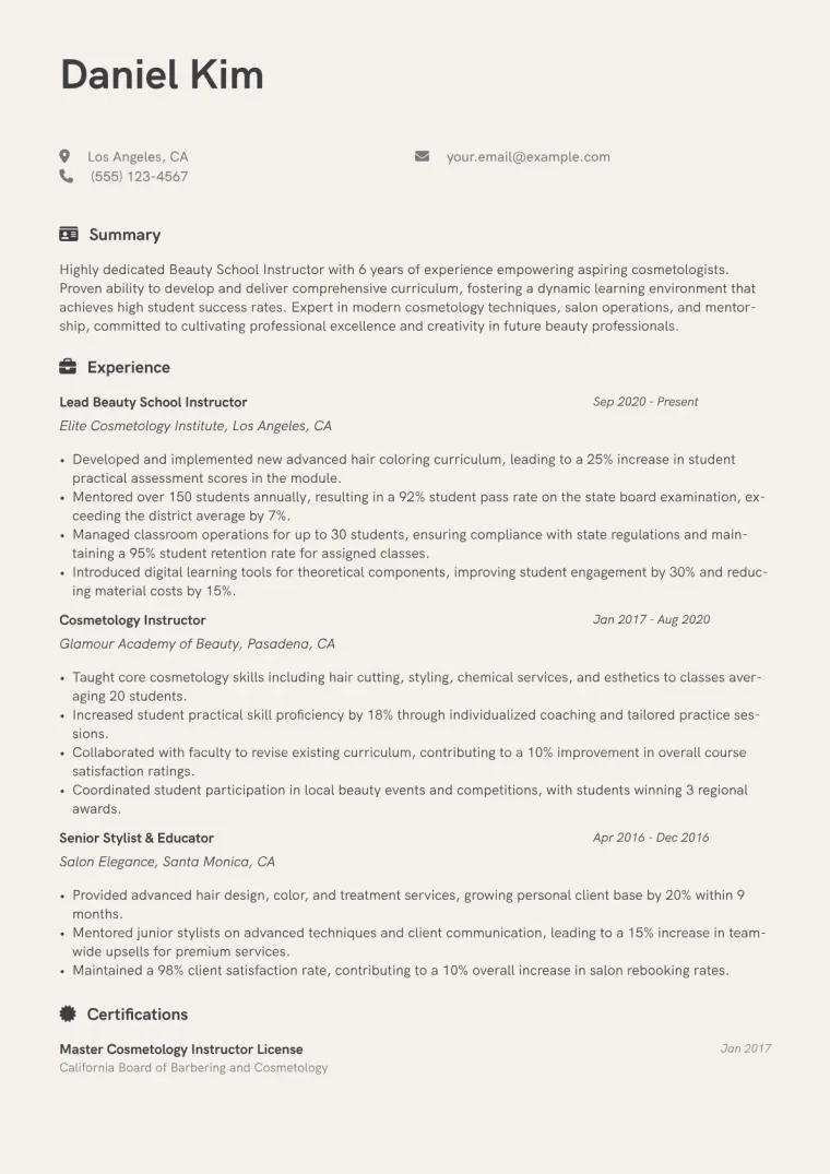 Beauty School Instructor Resume Example CV template preview