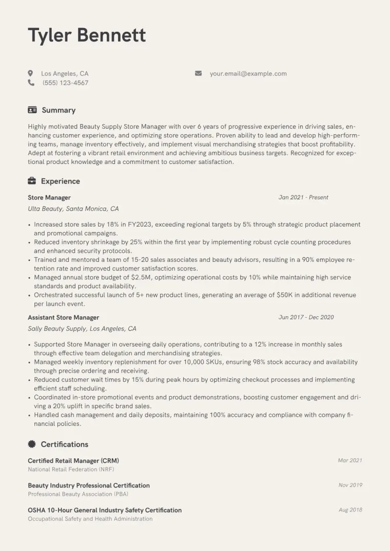 Beauty Supply Store Manager Resume Example CV template preview