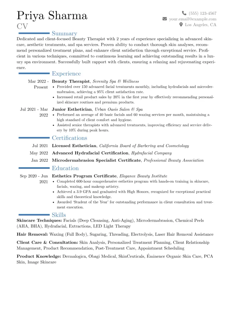 Beauty Therapist Resume Example CV template preview