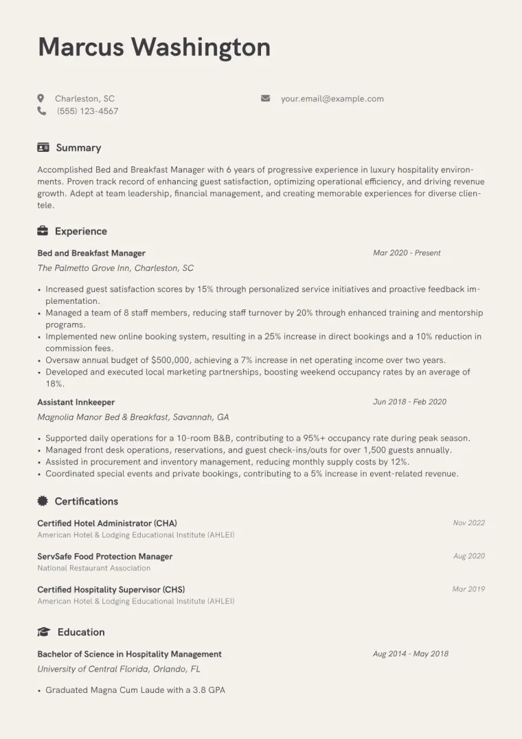 Bed and Breakfast Manager Resume Example CV template preview
