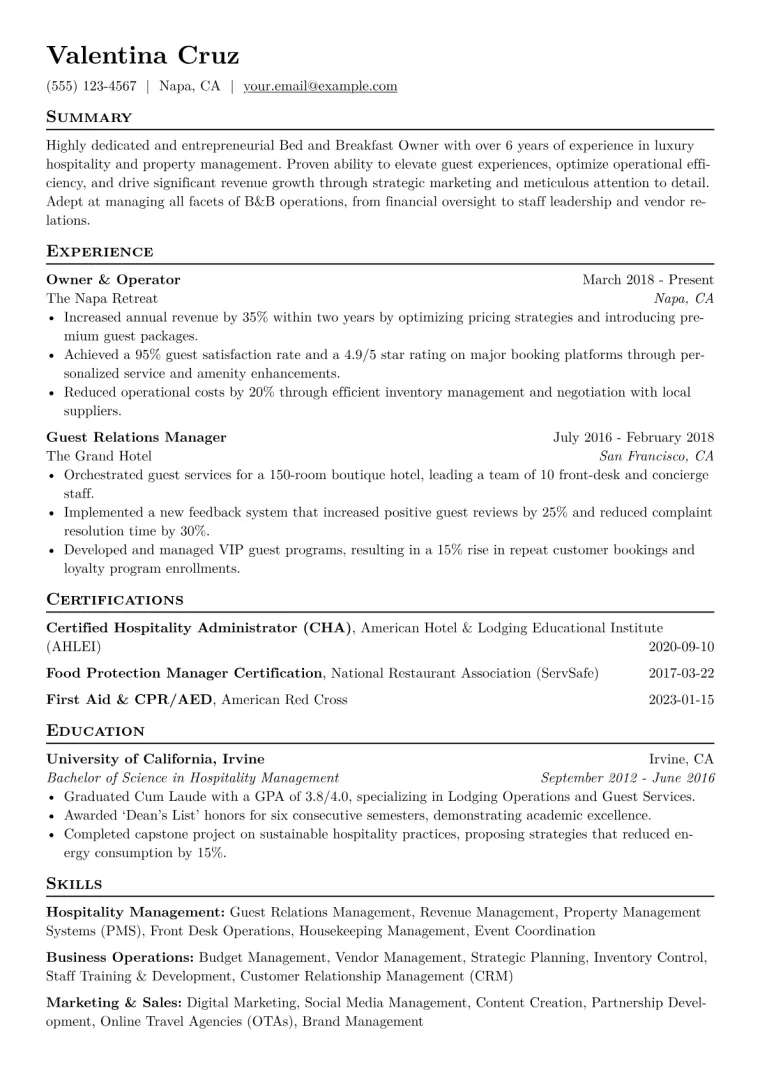 Bed and Breakfast Owner Resume Example CV template preview