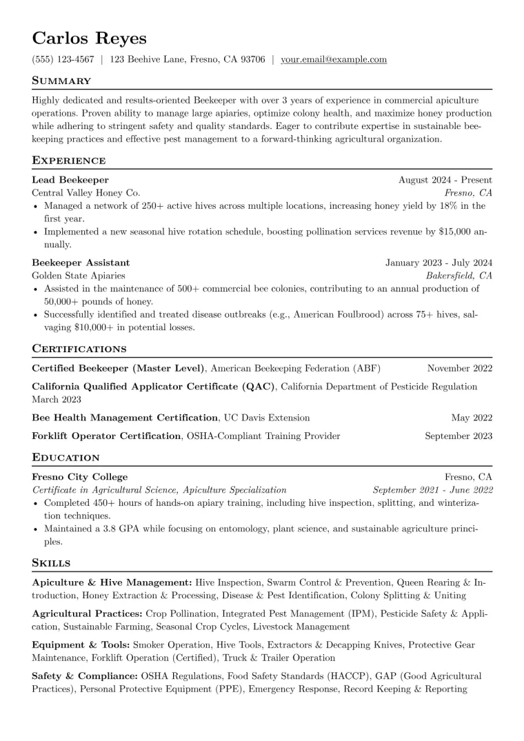 Beekeeper Resume Example CV template preview