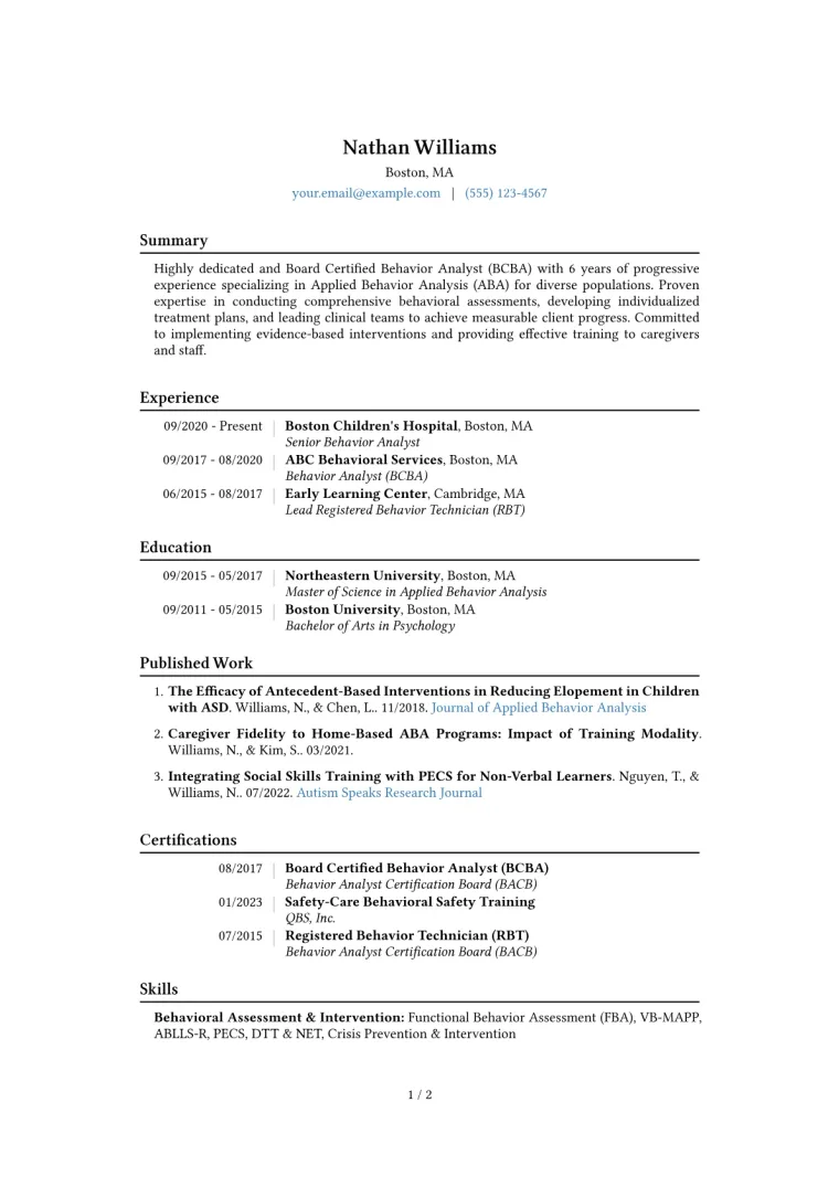 Behavior Analyst Resume Example CV template preview