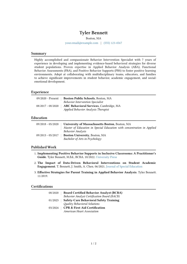 Behavior Intervention Specialist Resume Example CV template preview