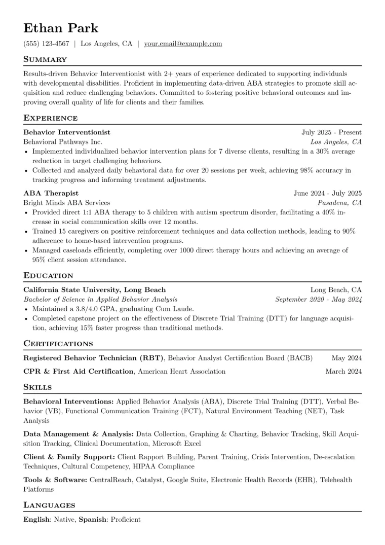 Behavior Interventionist Resume Example CV template preview