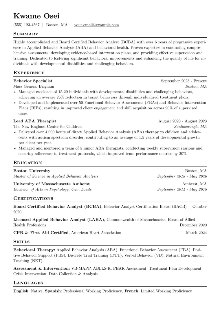 Behavior Specialist Resume Example CV template preview