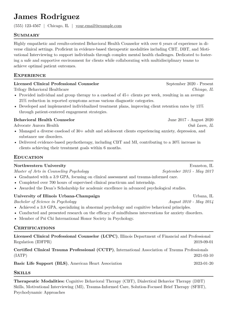 Behavioral Health Counselor Resume Example CV template preview