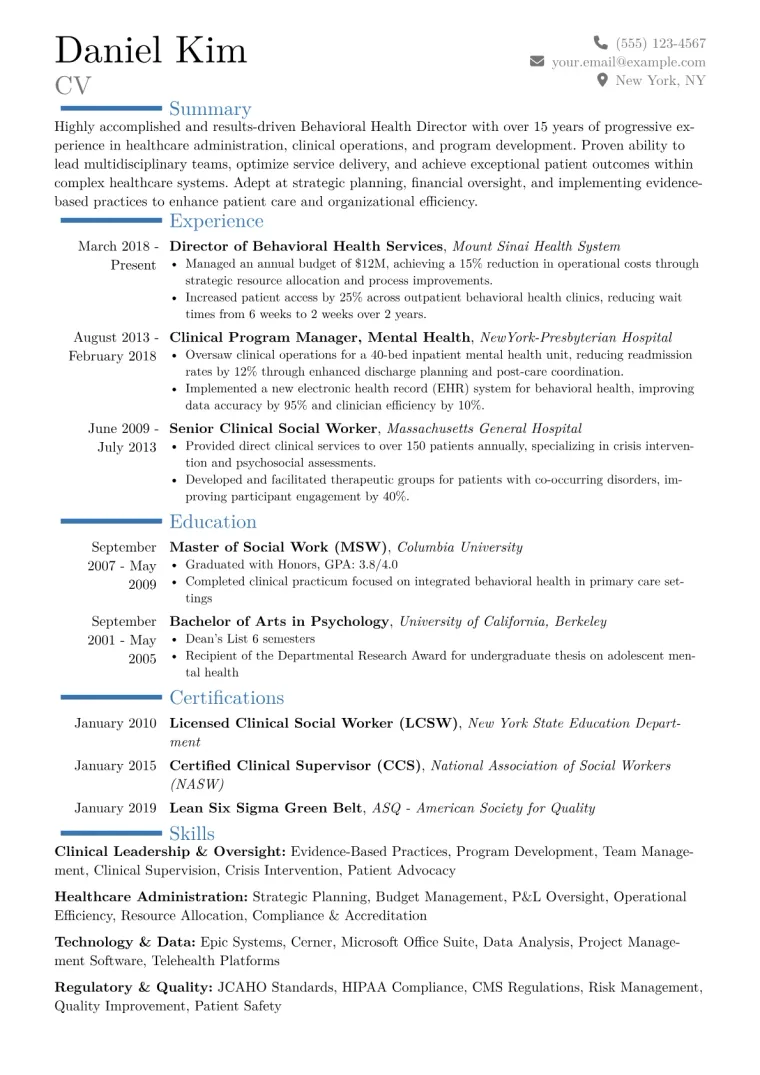 Behavioral Health Director Resume Example CV template preview