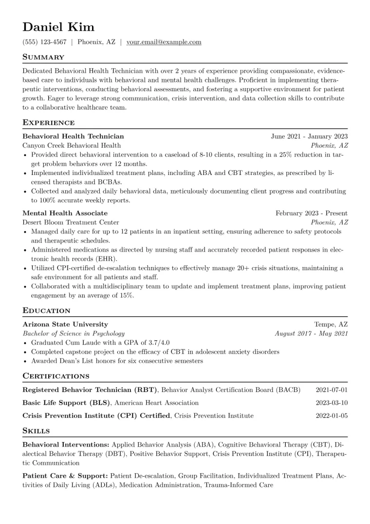 Behavioral Health Technician Resume Example CV template preview