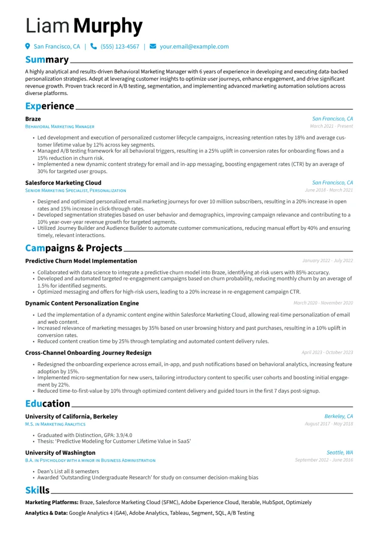 Behavioral Marketing Manager Resume Example CV template preview