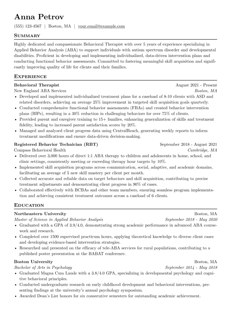 Behavioral Therapist Resume Example CV template preview