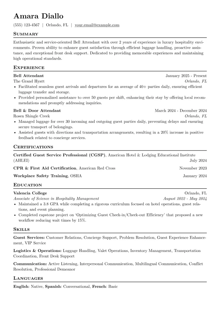 Bell Attendant Resume Example preview
