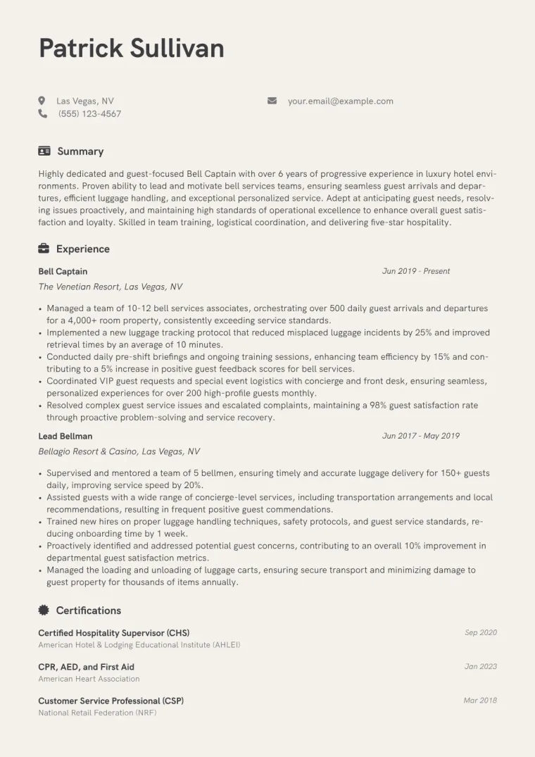 Bell Captain Resume Example CV template preview