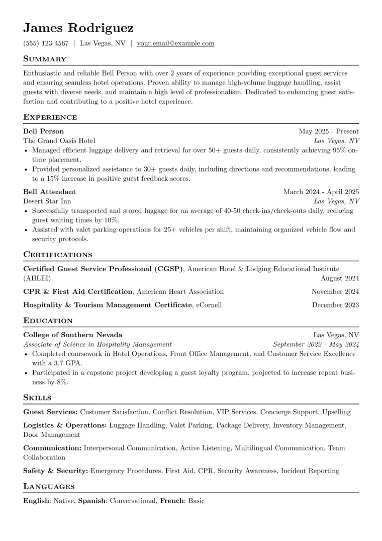 Bell Person Resume Example preview