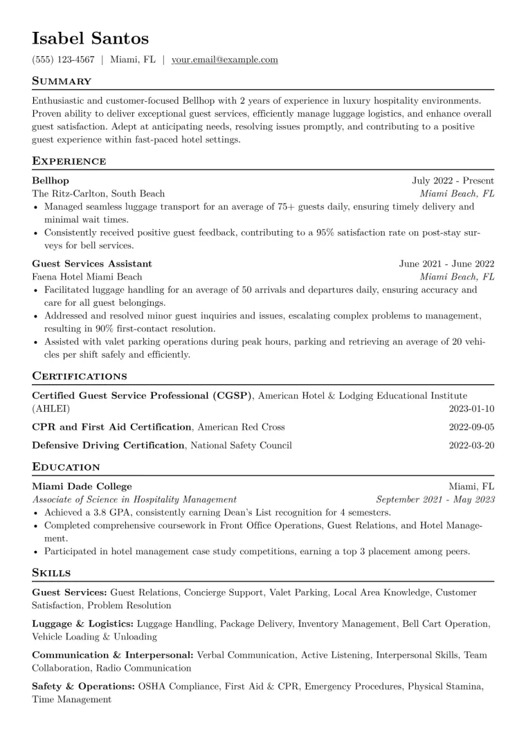 Bellhop Resume Example CV template preview