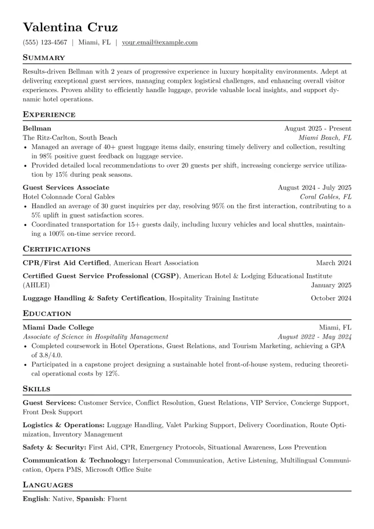 Bellman Resume Example CV template preview