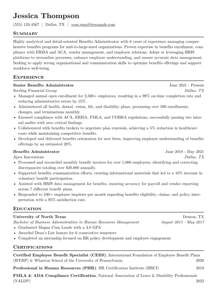 Benefits Administrator Resume Example CV template preview