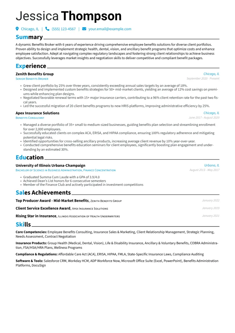 Benefits Broker Resume Example CV template preview
