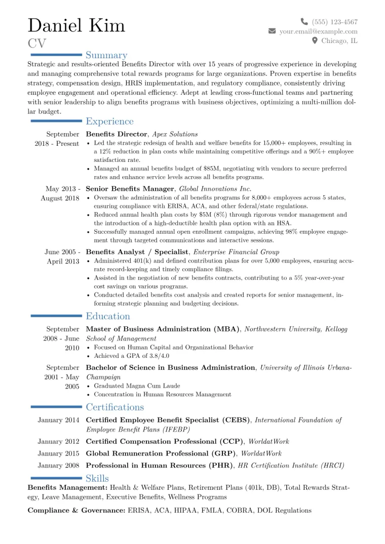 Benefits Director Resume Example CV template preview