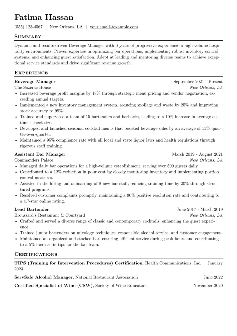 Beverage Manager Resume Example CV template preview