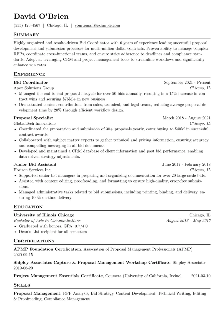 Bid Coordinator Resume Example CV template preview