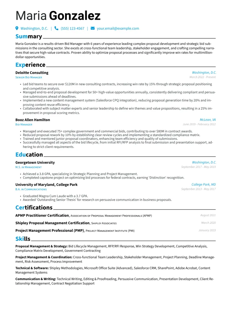 Bid Manager Resume Example CV template preview