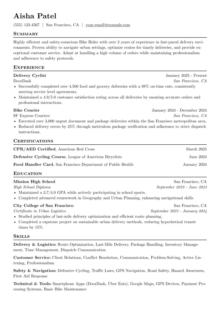 Bike Rider Resume Example CV template preview