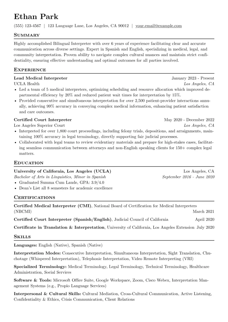 Bilingual Interpreter Resume Example preview