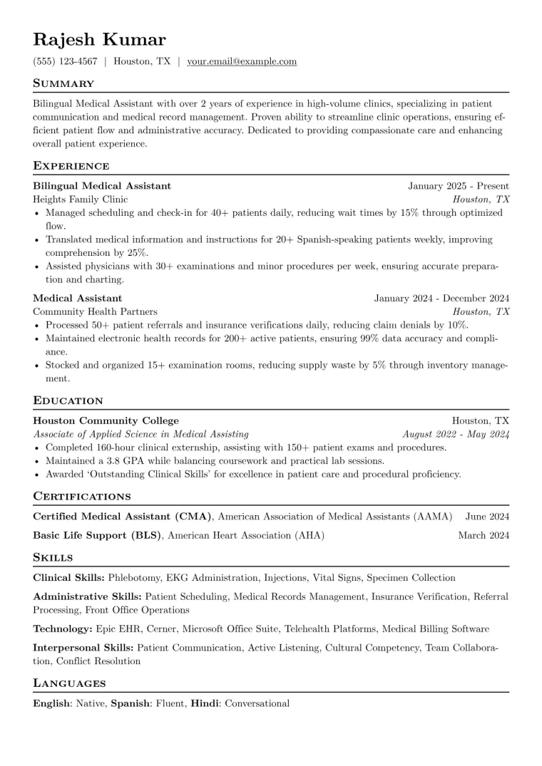 Bilingual Medical Assistant Resume Example preview