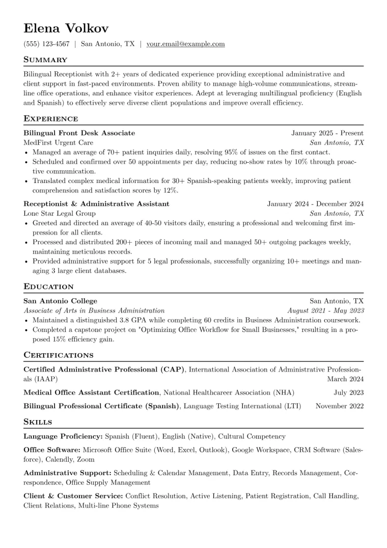 Bilingual Receptionist Resume Example preview