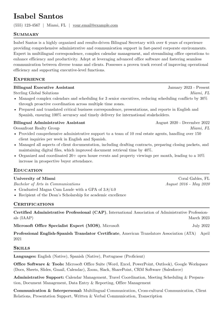 Bilingual Secretary Resume Example preview