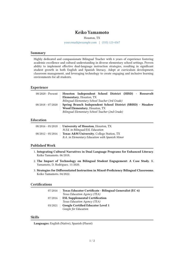 Bilingual Teacher Resume Example CV template preview