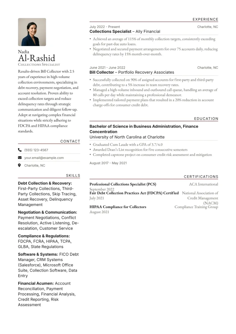 Bill Collector Resume Example CV template preview