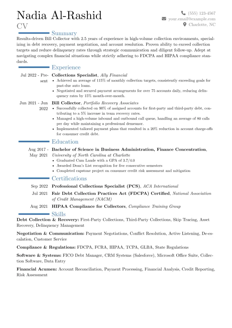 Bill Collector Resume Example CV template preview