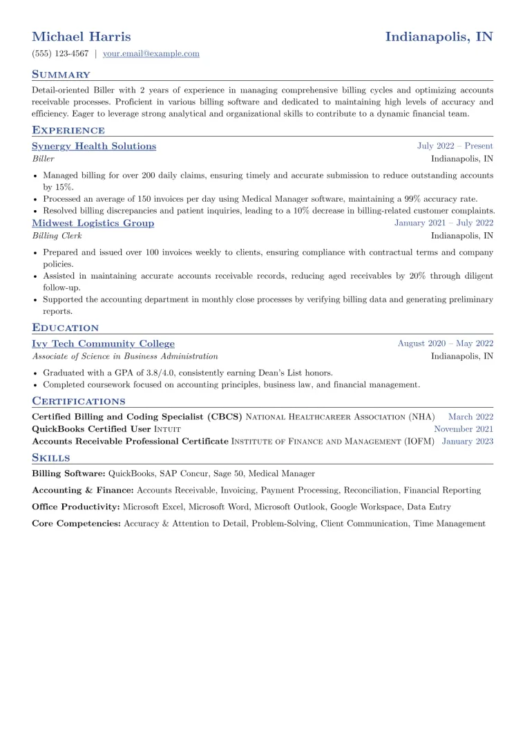 Biller Resume Example CV template preview